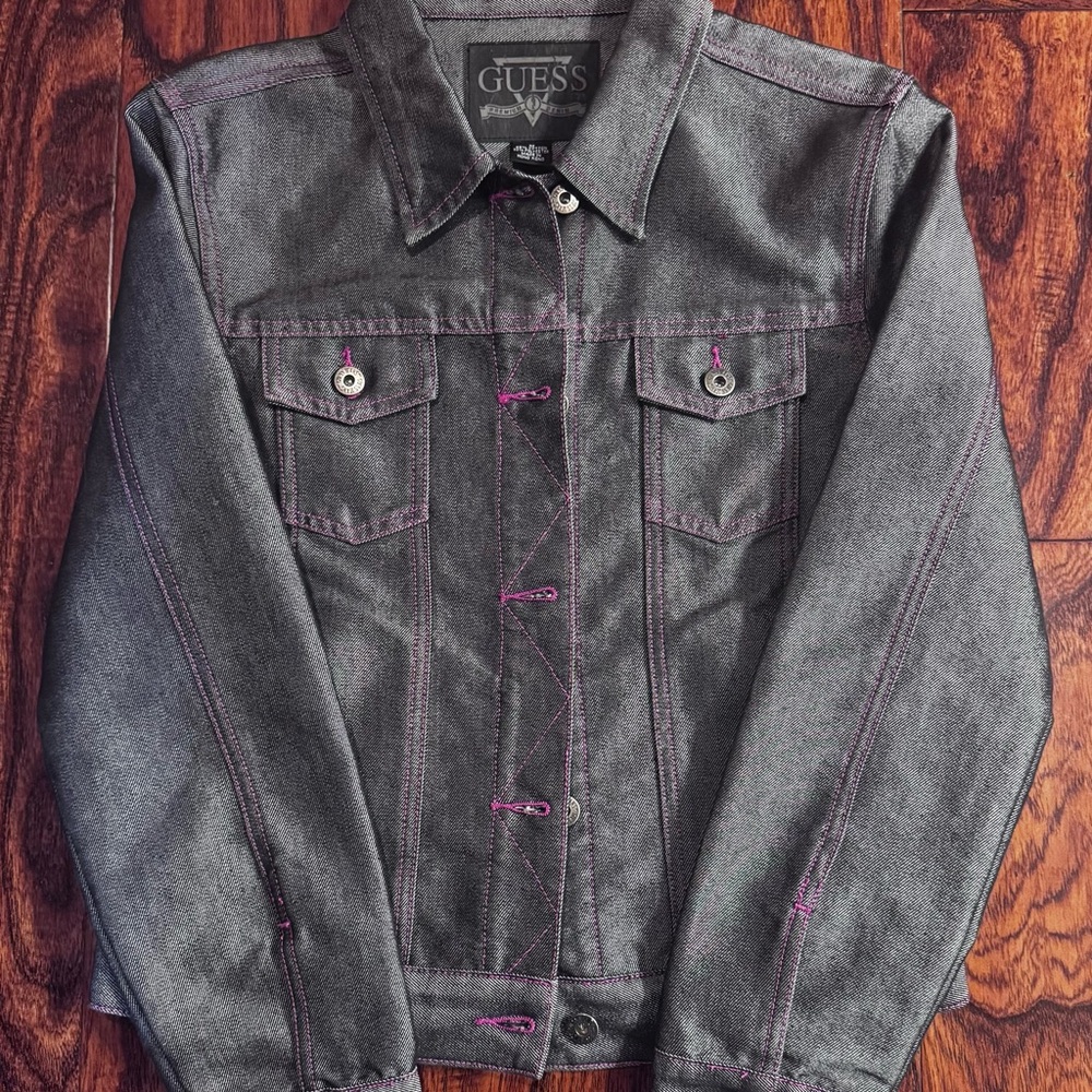Guess Charcoal Denim Jacket with Purple Accents